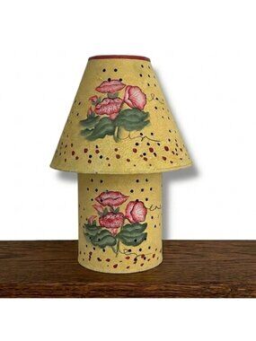 Vintage Hand Painted Galvanized Metal Jar Candle Lamp Yellow Floral 2000
